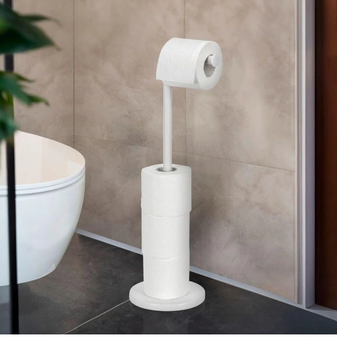 Suport metalic pentru hartie igienica, depozitare role, compact, de sine statator, organizare baie, Alb, 16.8 x 56.5 cm [3]