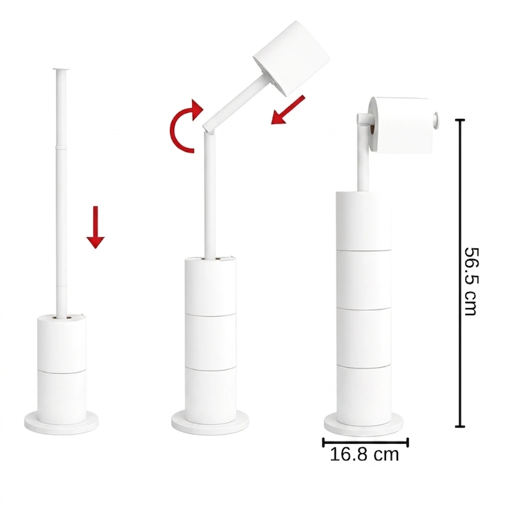 Suport metalic pentru hartie igienica, depozitare role, compact, de sine statator, organizare baie, Alb, 16.8 x 56.5 cm [6]
