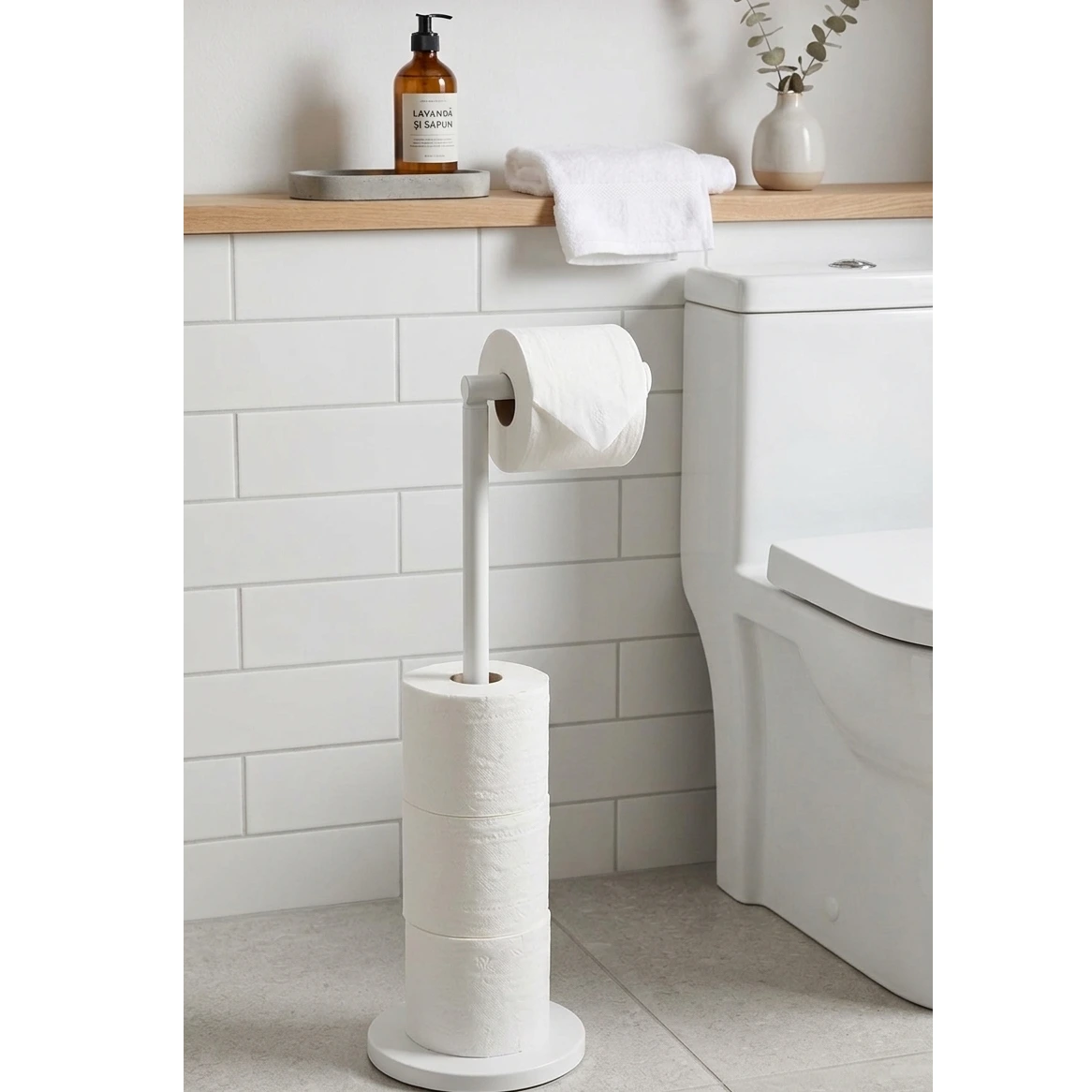 Suport metalic pentru hartie igienica, depozitare role, compact, de sine statator, organizare baie, Alb, 16.8 x 56.5 cm [4]