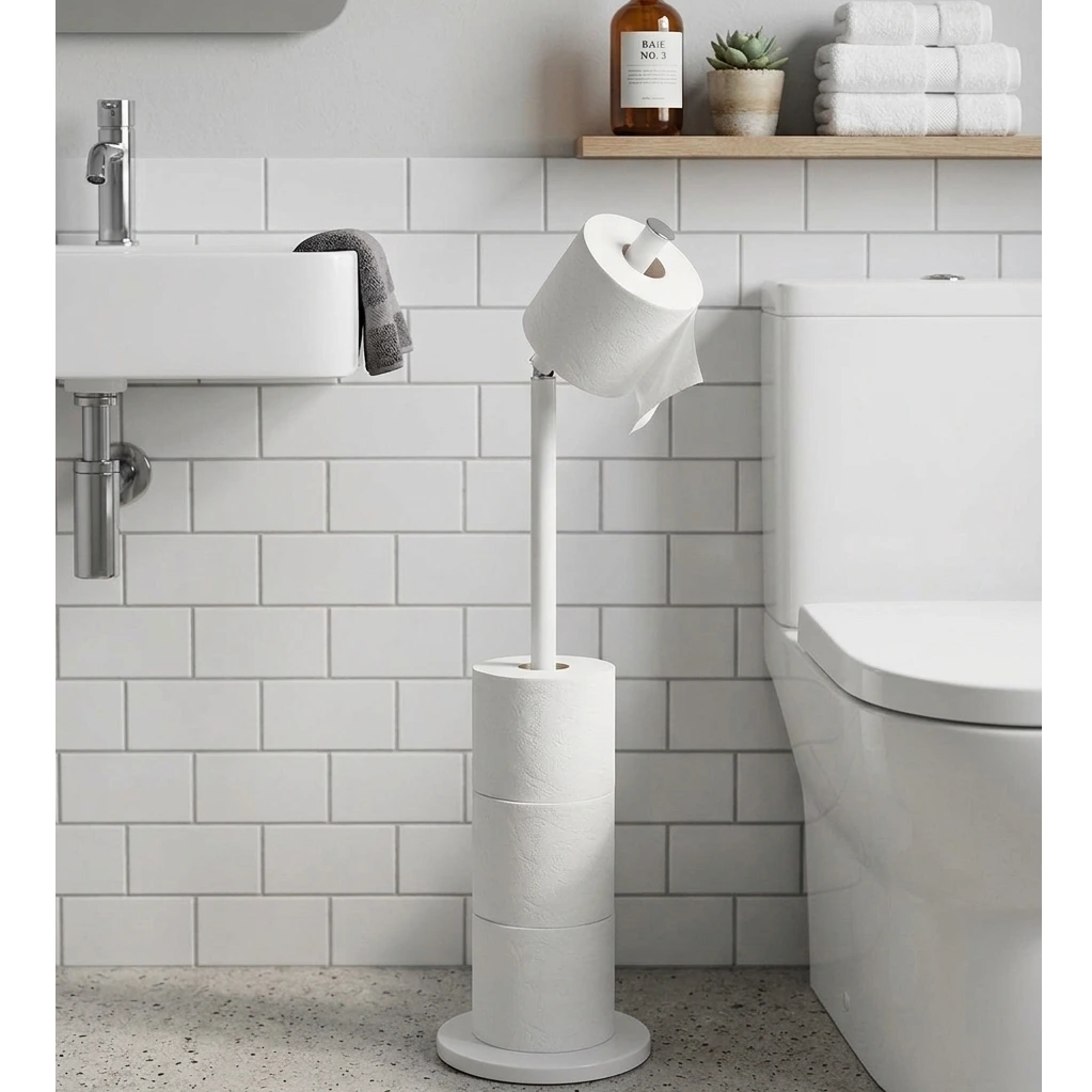 Suport metalic pentru hartie igienica, depozitare role, compact, de sine statator, organizare baie, Alb, 16.8 x 56.5 cm [5]