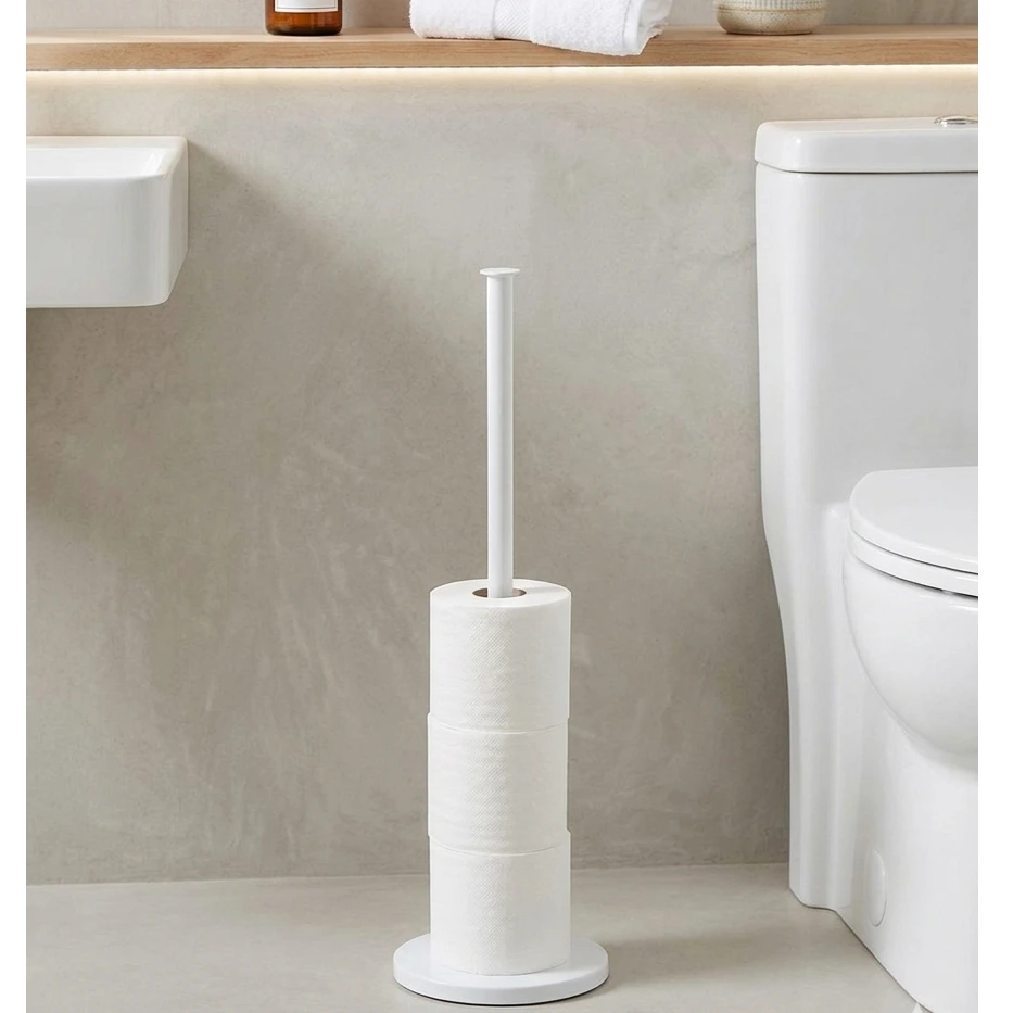 Suport metalic pentru hartie igienica, depozitare role, compact, de sine statator, organizare baie, Alb, 16.8 x 56.5 cm [2]