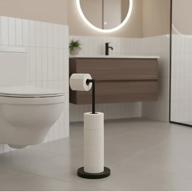 Suport metalic pentru hartie igienica, depozitare role, compact, de sine statator, organizare baie, Negru, 16.8 x 56.5 cm [2]