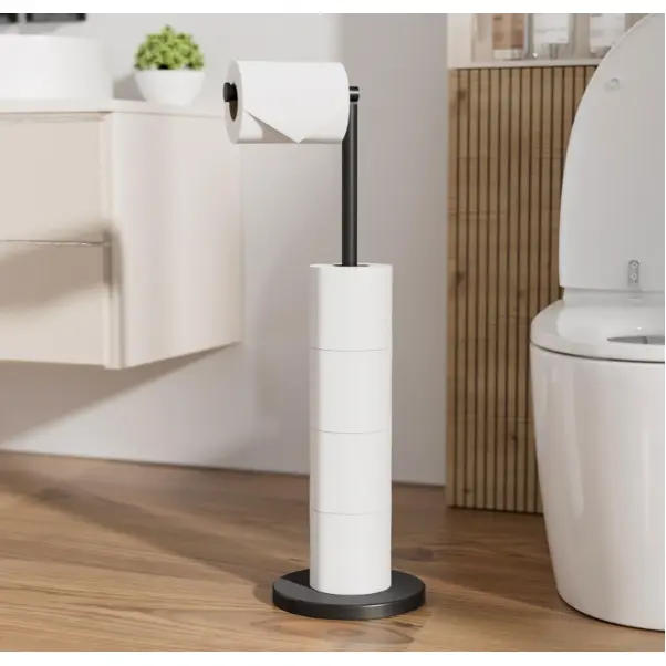 Suport metalic pentru hartie igienica, depozitare role, compact, de sine statator, organizare baie, Negru, 16.8 x 56.5 cm [4]