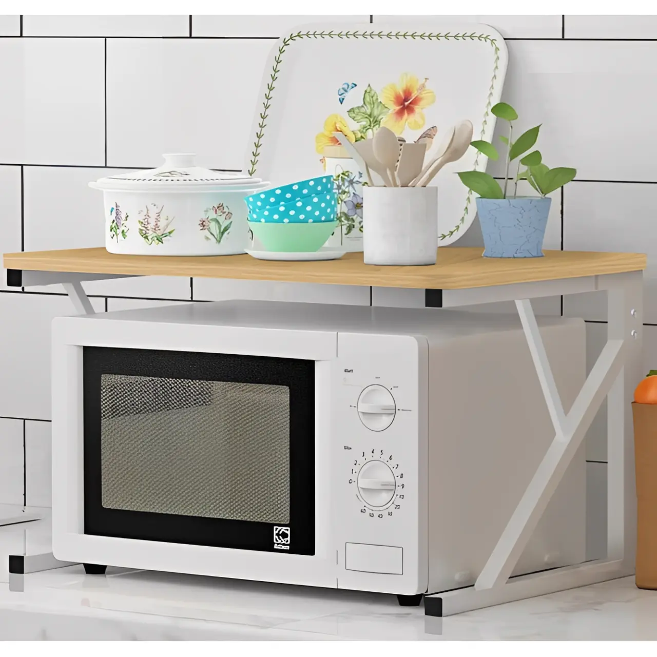 Suport metalic pentru raftul cu microunde, cu polita din MDF, Alb/Maro, 54 x 34.5 x 33 cm [4]