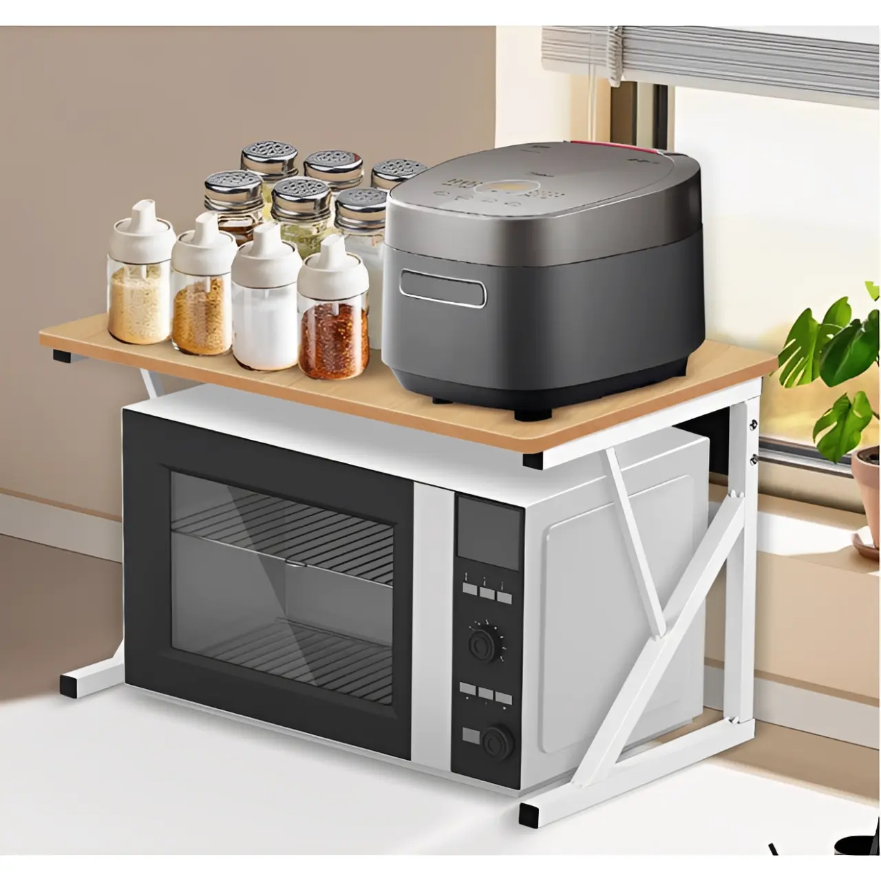 Suport metalic pentru raftul cu microunde, cu polita din MDF, Alb/Maro, 54 x 34.5 x 33 cm [6]