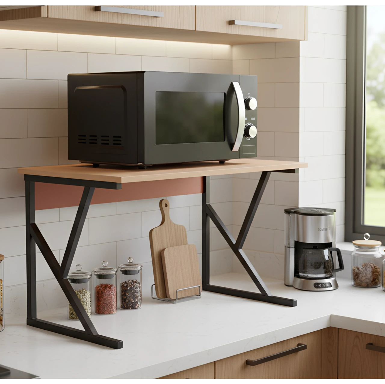 Suport metalic pentru raftul cu microunde, cu polita din MDF, Negru/Maro, 54 x 34.5 x 33 cm [5]