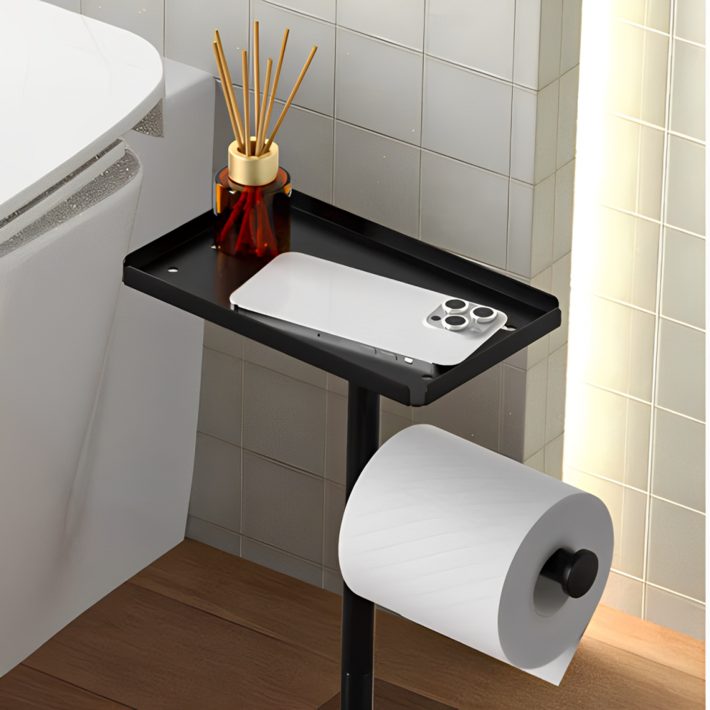 Suport modern pentru rolele de hârtie igienică, cu tavă pentru accesorii, Negru, 72 cm [6]