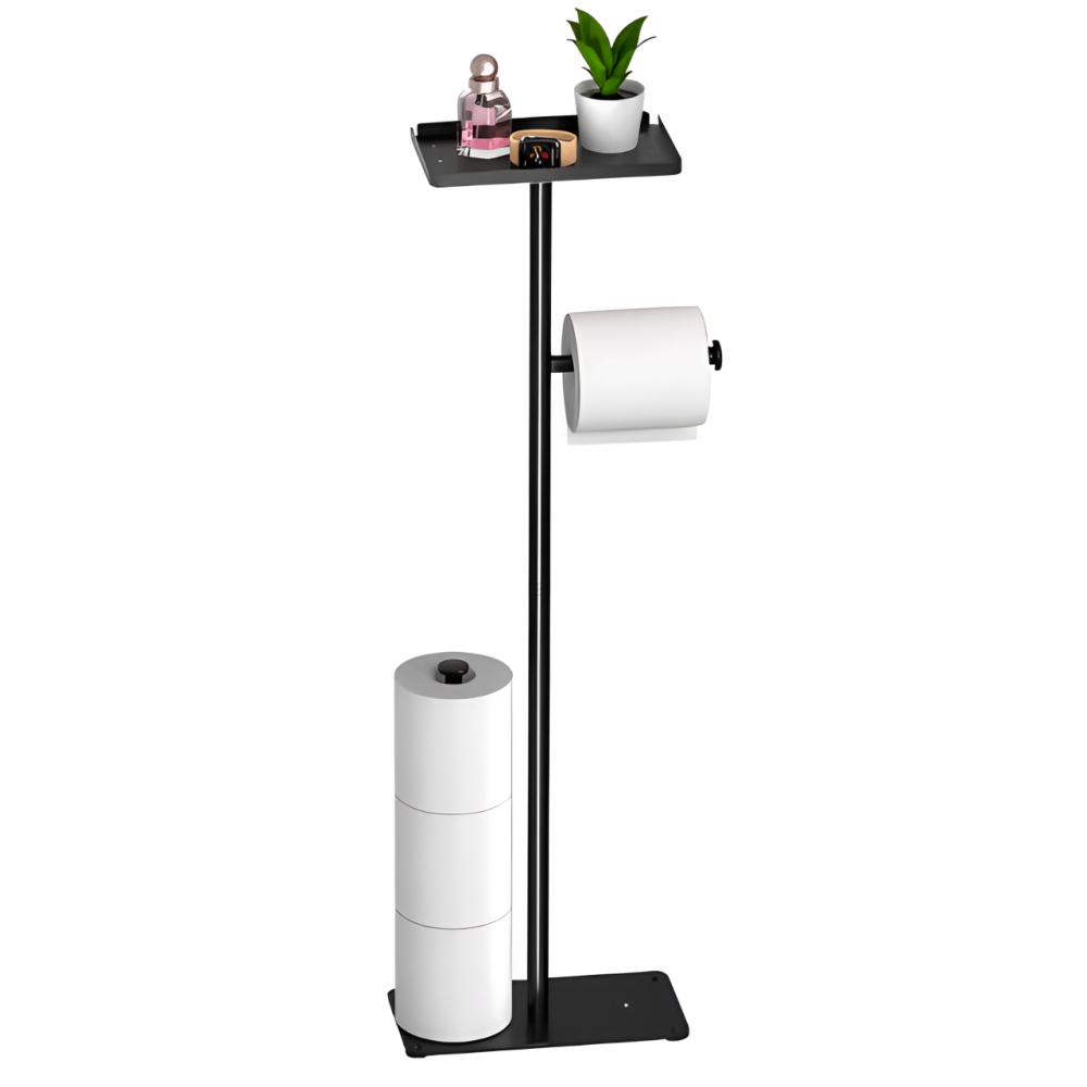 Suport modern pentru rolele de hârtie igienică, cu tavă pentru accesorii, Negru, 72 cm [2]
