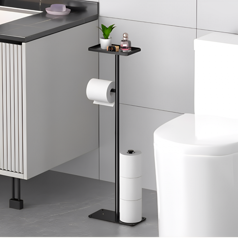 Suport modern pentru rolele de hârtie igienică, cu tavă pentru accesorii, Negru, 72 cm [4]