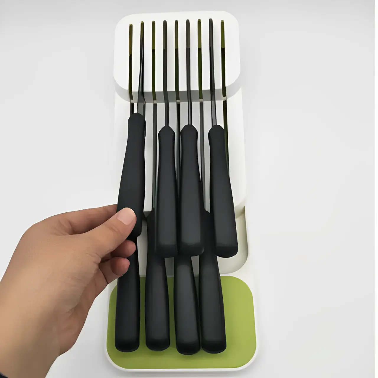 Suport pentru cutite, pe 2 nivele, pentru cutite cu lama scurta sau lunga, 18 compartimente, Alb, 39.7 x 14.5 x 7.5 cm [2]