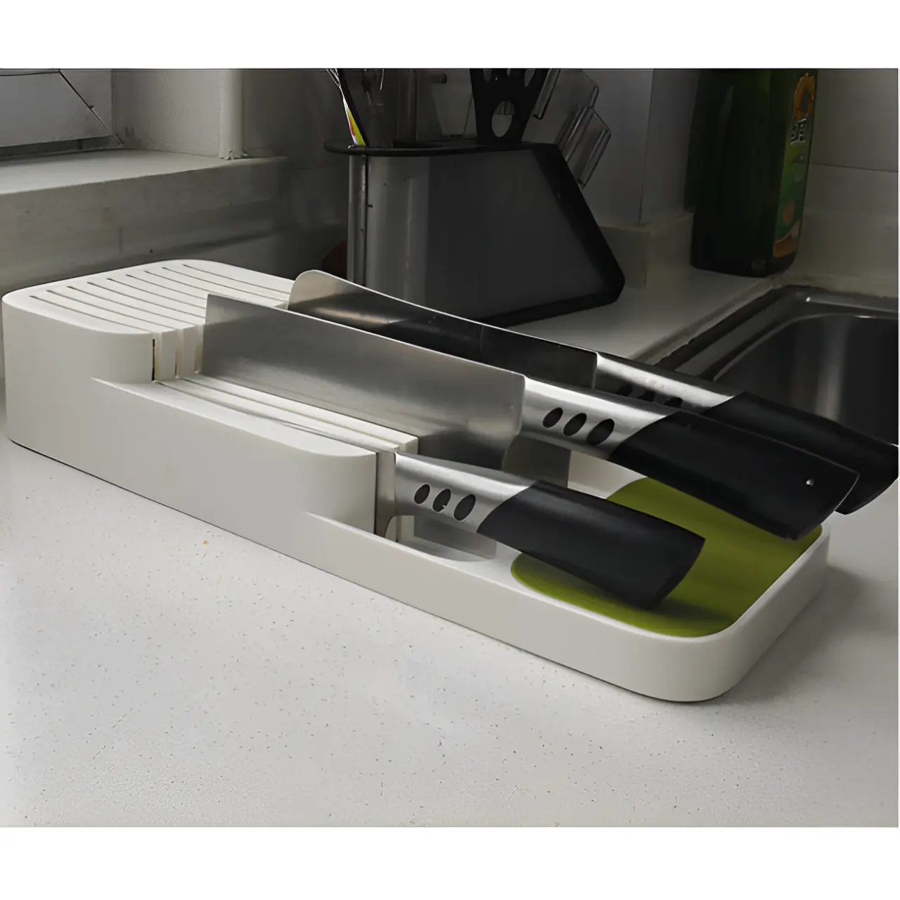 Suport pentru cutite, pe 2 nivele, pentru cutite cu lama scurta sau lunga, 18 compartimente, Alb, 39.7 x 14.5 x 7.5 cm [4]