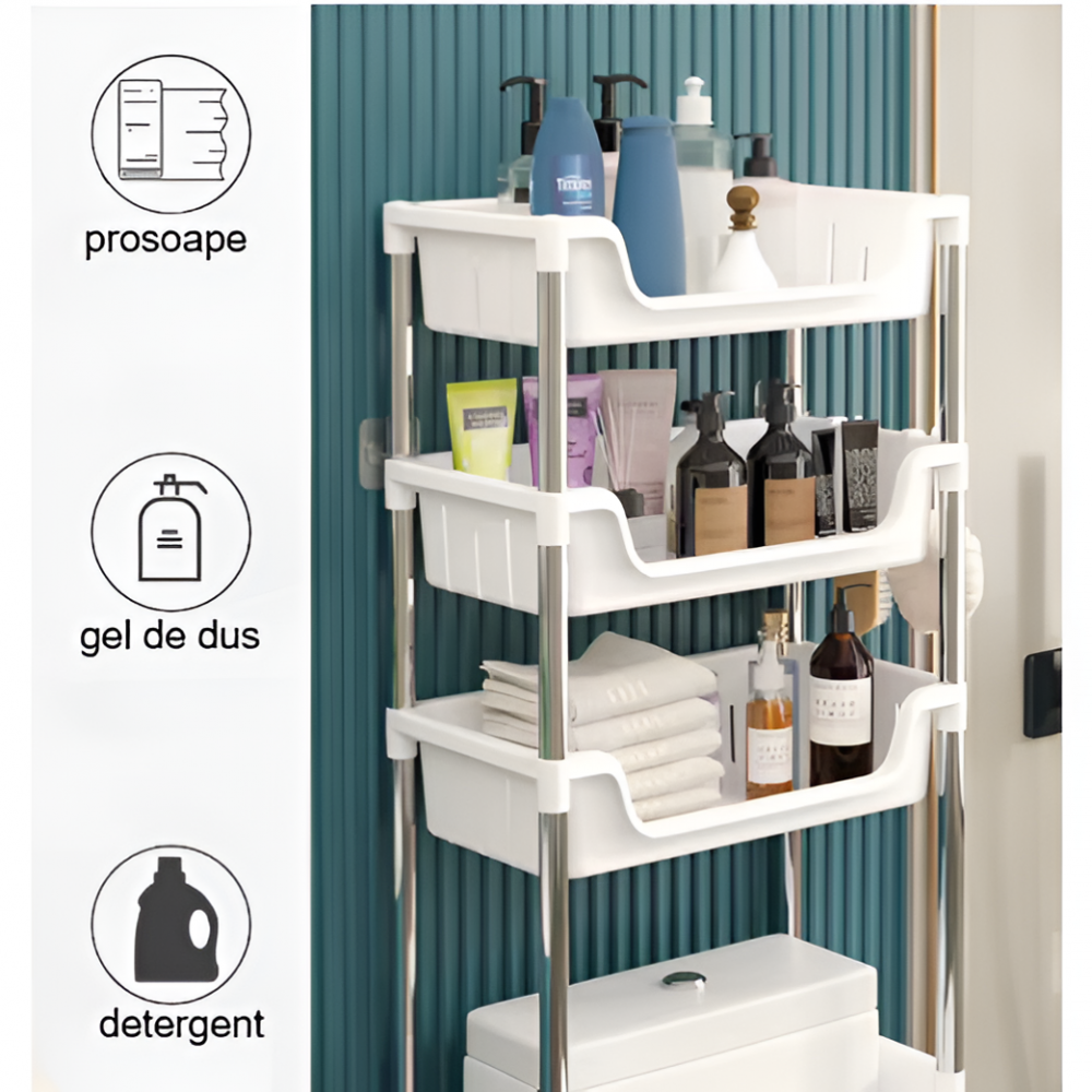 Suport pentru depozitare în baie, cu 3 rafturi, montat deasupra toaletei, Alb, 48.5 x 26 x 173 cm [6]