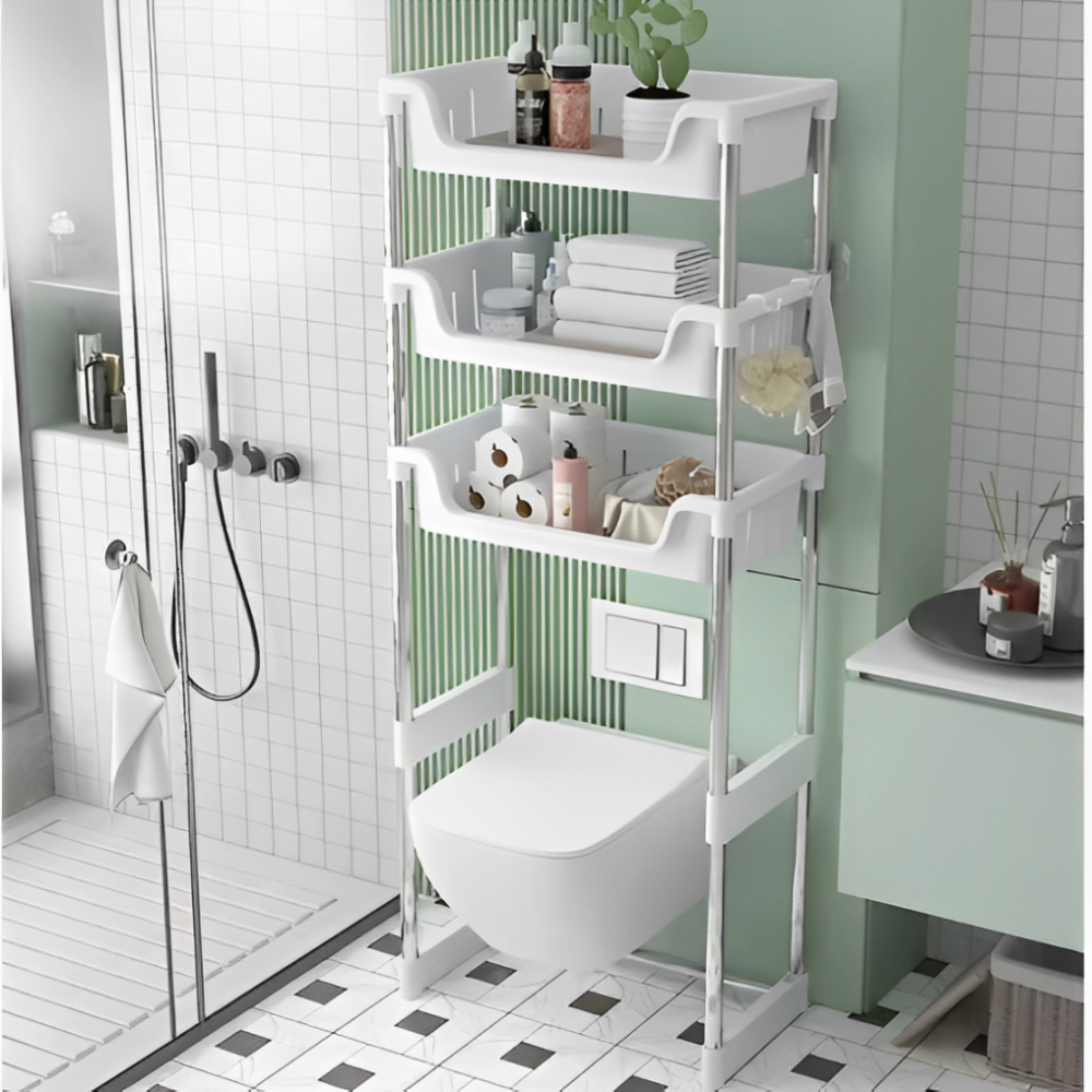 Suport pentru depozitare în baie, cu 3 rafturi, montat deasupra toaletei, Alb, 48.5 x 26 x 173 cm [4]