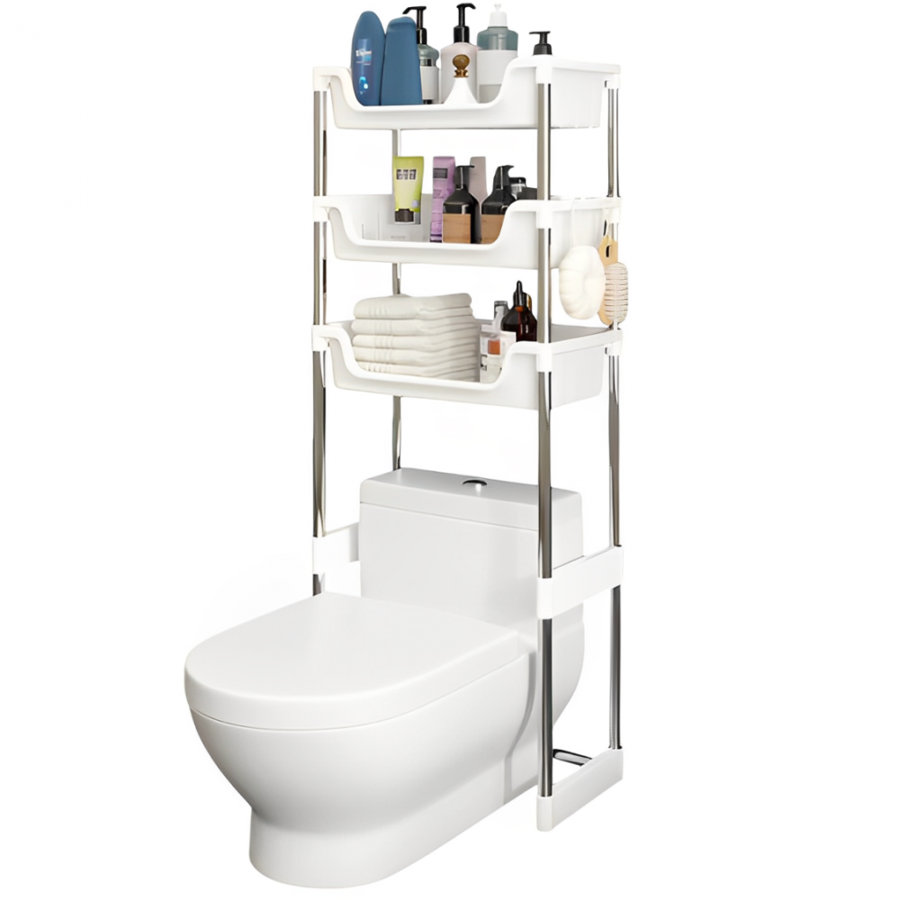 Suport pentru depozitare în baie, cu 3 rafturi, montat deasupra toaletei, Alb, 48.5 x 26 x 173 cm [2]