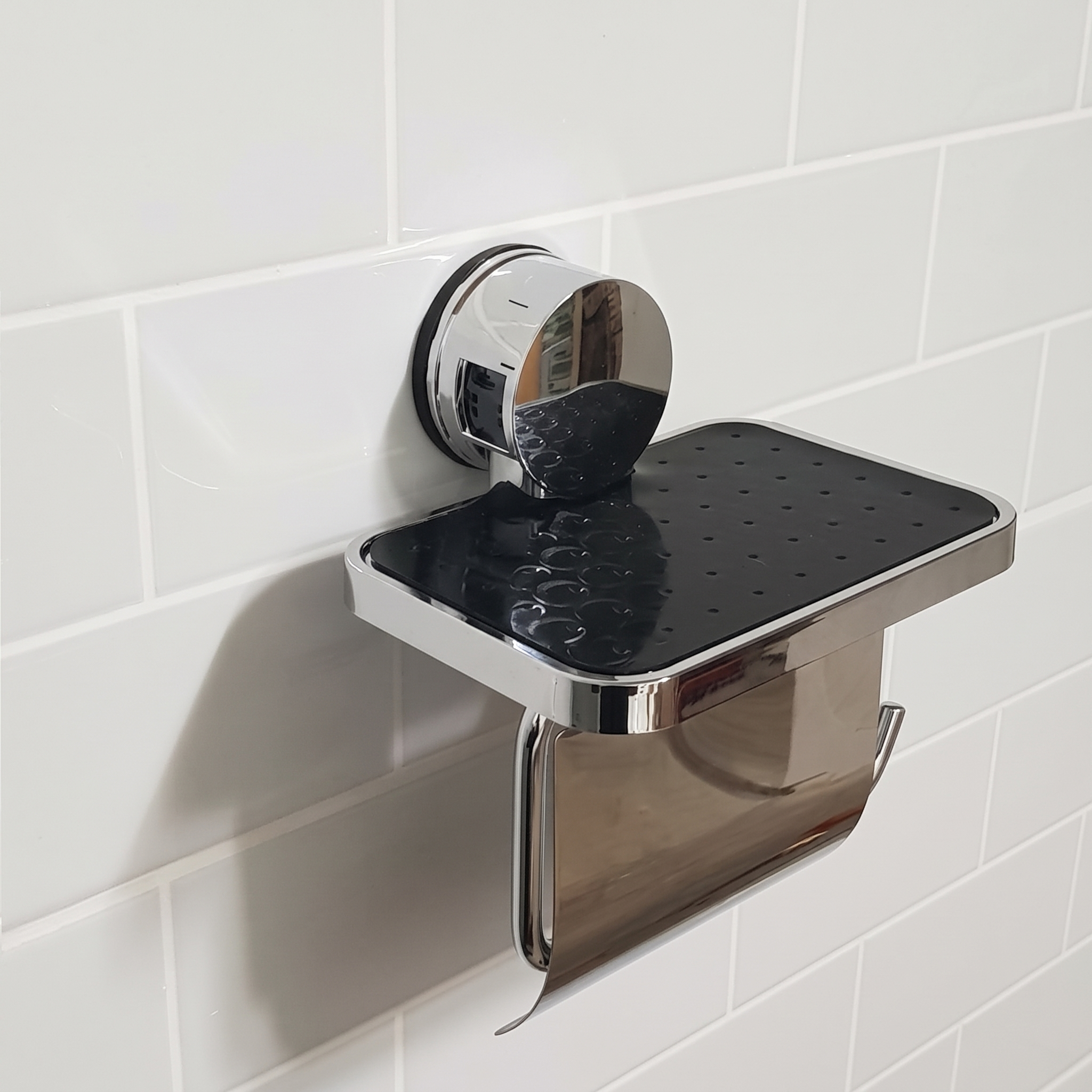 Suport pentru hartie igienica, cu raft, prindere pe perete cu ventuza, din inox cromat, aspect simplist, elegant [2]