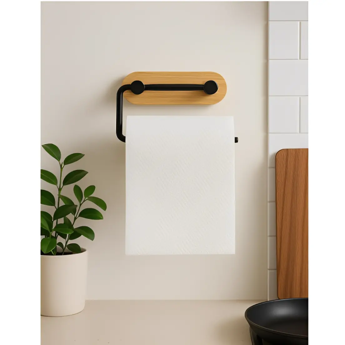 Suport pentru rola de hartie igienica, de perete, metal si bambus, Negru/Maro, 13 x 10 cm [4]