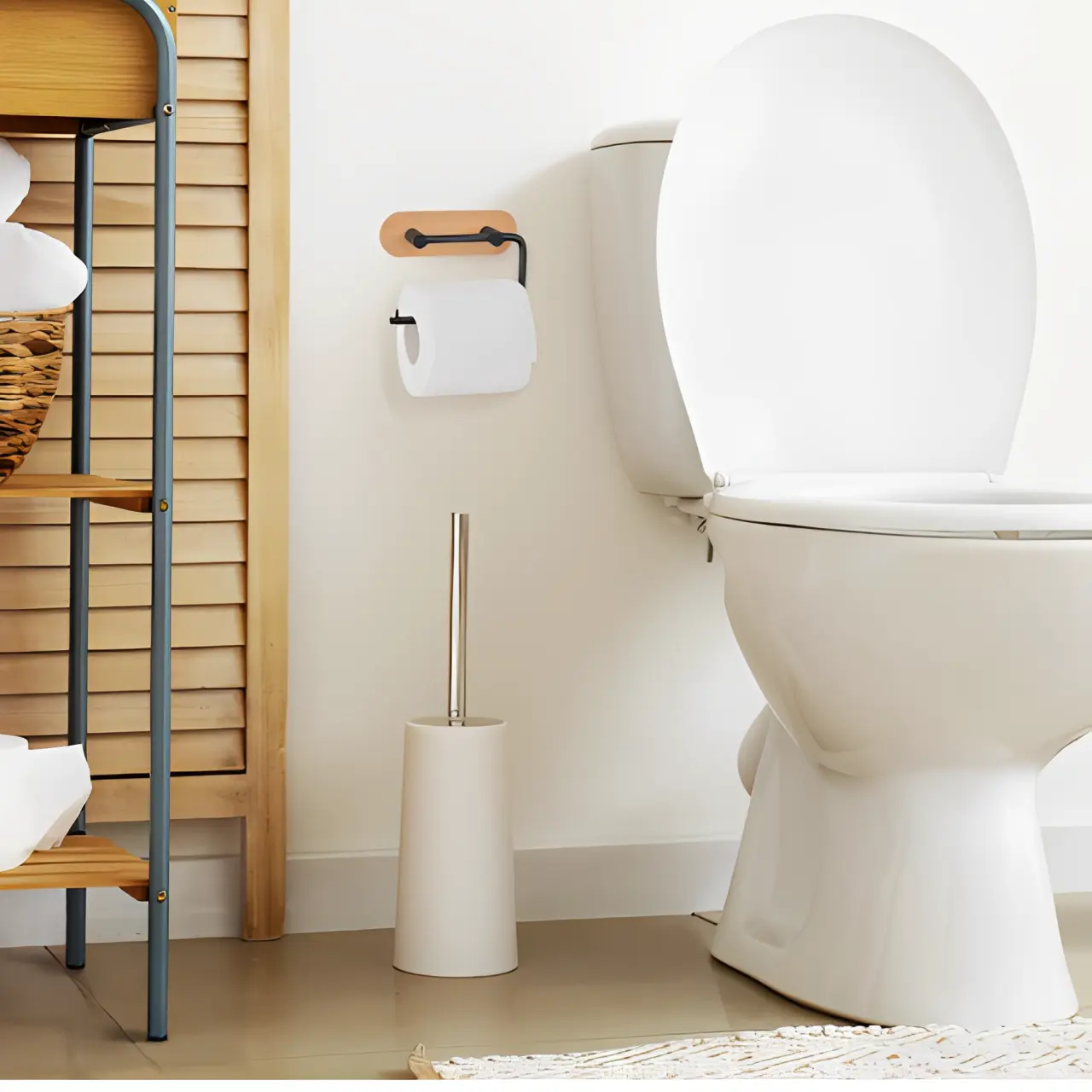 Suport pentru rola de hartie igienica, de perete, metal si bambus, Negru/Maro, 13 x 10 cm [2]