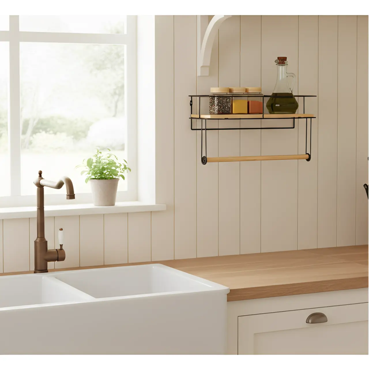 Suport pentru rola de servetele de bucatarie, de perete, prindere cu dibluri, din metal si bambus, Negru/Maro, 37 x 12.5 x 18.5 cm [2]