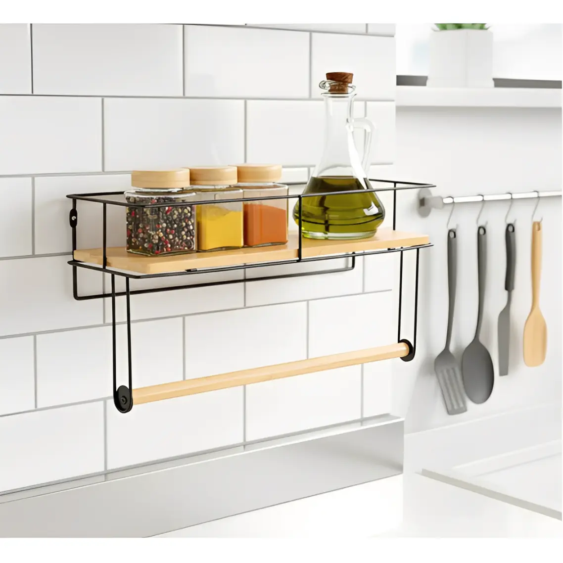 Suport pentru rola de servetele de bucatarie, de perete, prindere cu dibluri, din metal si bambus, Negru/Maro, 37 x 12.5 x 18.5 cm [5]