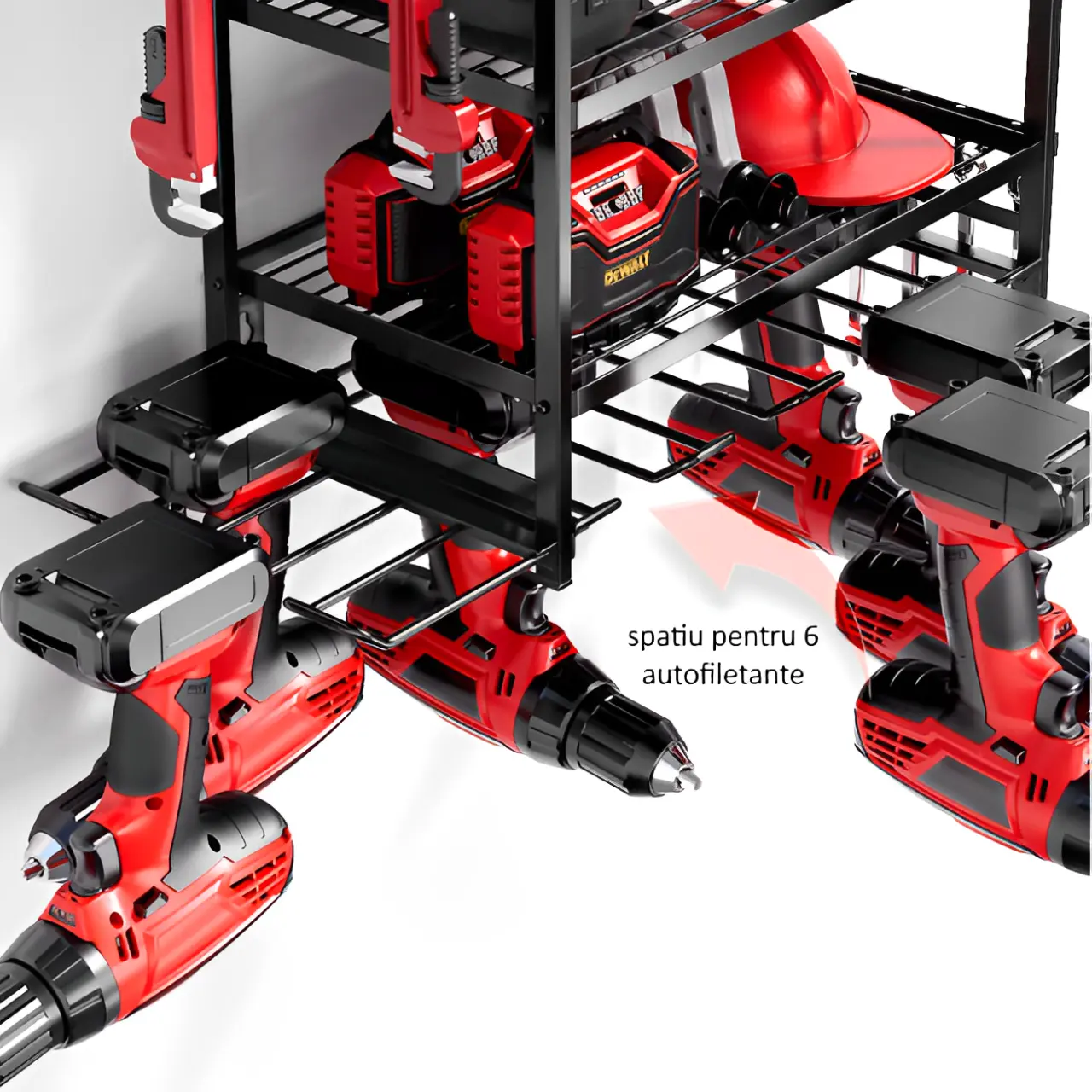 Suport pentru unelte, prindere de perete, 3 rafturi, metal, pentru autofiletante, chei, surubelnite, organizator garaj, negru, 63 x 24 x 43 cm [4]
