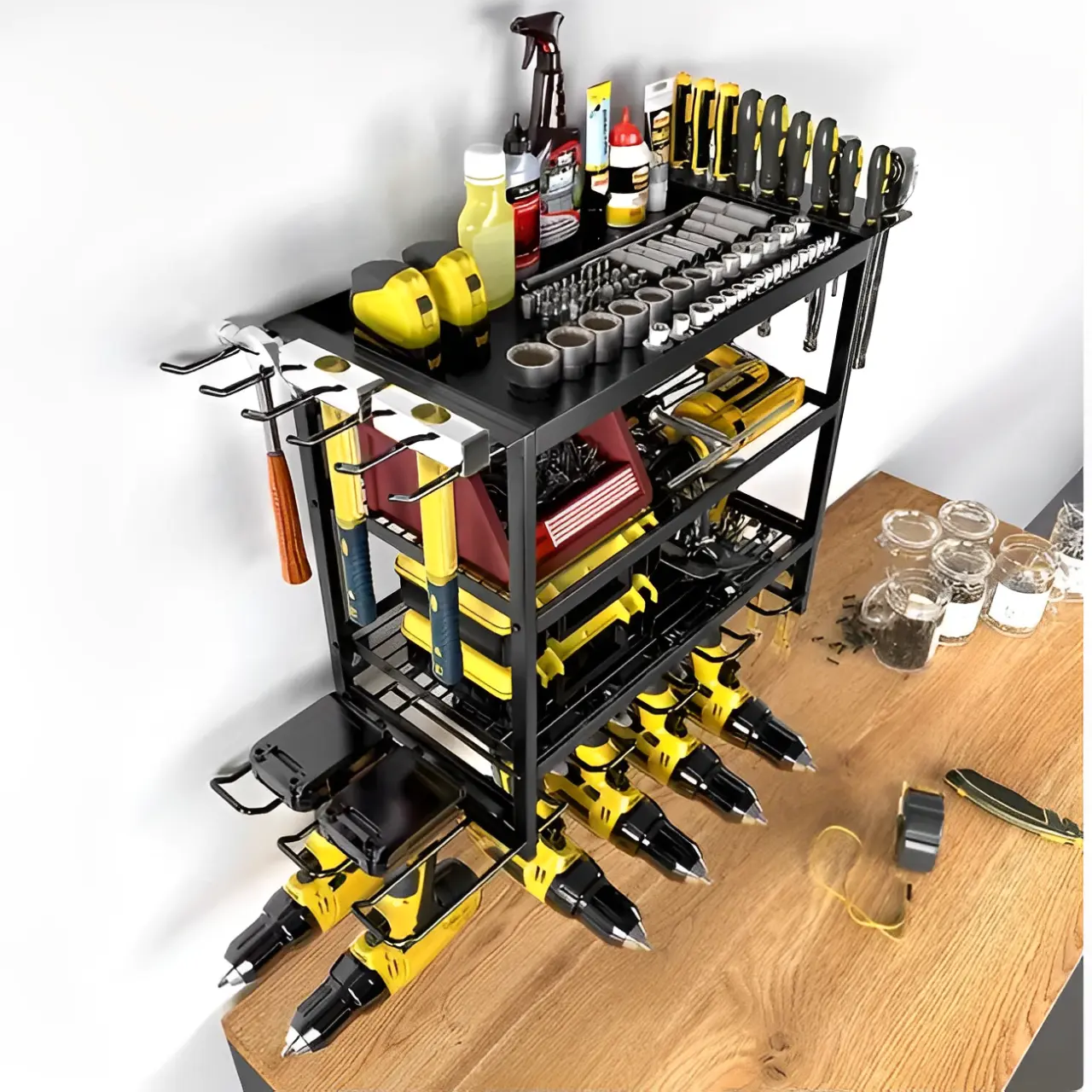 Suport pentru unelte, prindere de perete, 3 rafturi, metal, pentru autofiletante, chei, surubelnite, organizator garaj, negru, 63 x 24 x 43 cm [2]