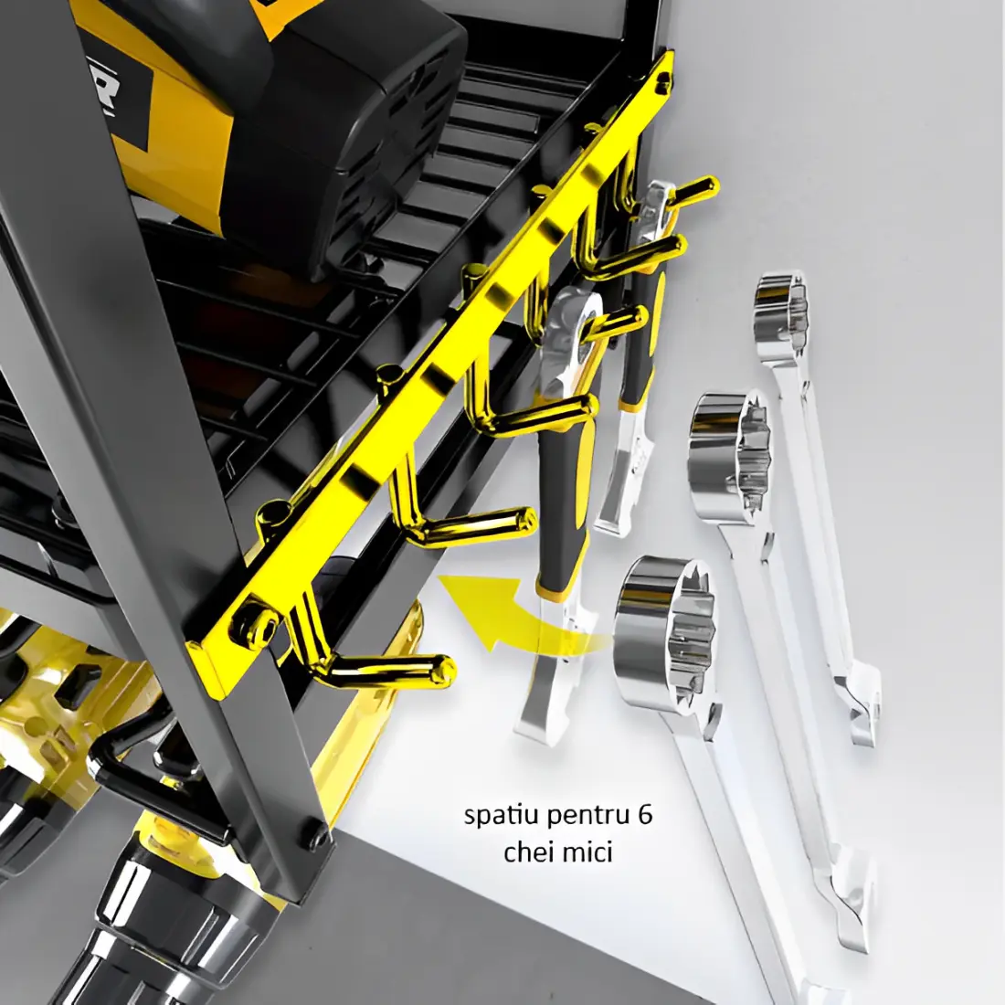 Suport pentru unelte, prindere de perete, 3 rafturi, metal, pentru autofiletante, chei, surubelnite, organizator garaj, negru, 63 x 24 x 43 cm [6]