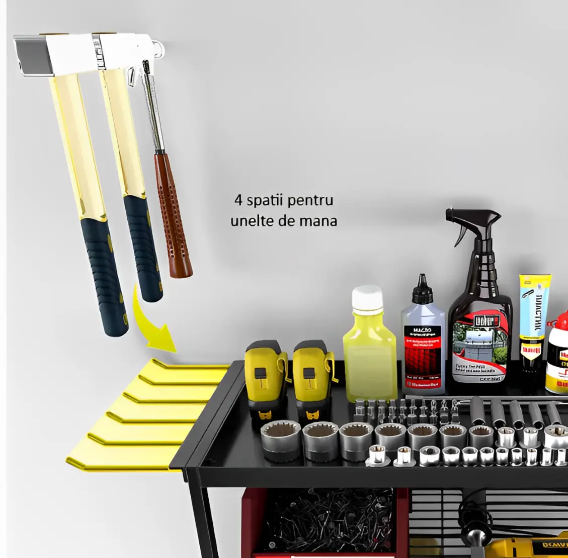 Suport pentru unelte, prindere de perete, 3 rafturi, metal, pentru autofiletante, chei, surubelnite, organizator garaj, negru, 63 x 24 x 43 cm [5]