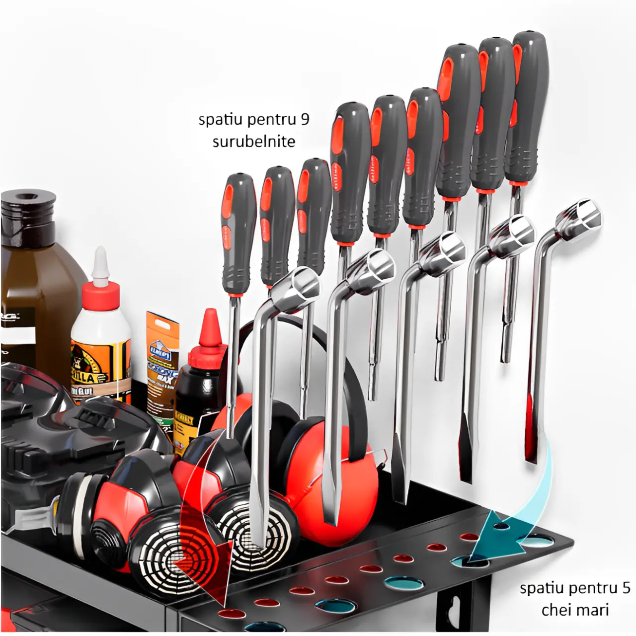 Suport pentru unelte, prindere de perete, 3 rafturi, metal, pentru autofiletante, chei, surubelnite, organizator garaj, negru, 63 x 24 x 43 cm [3]