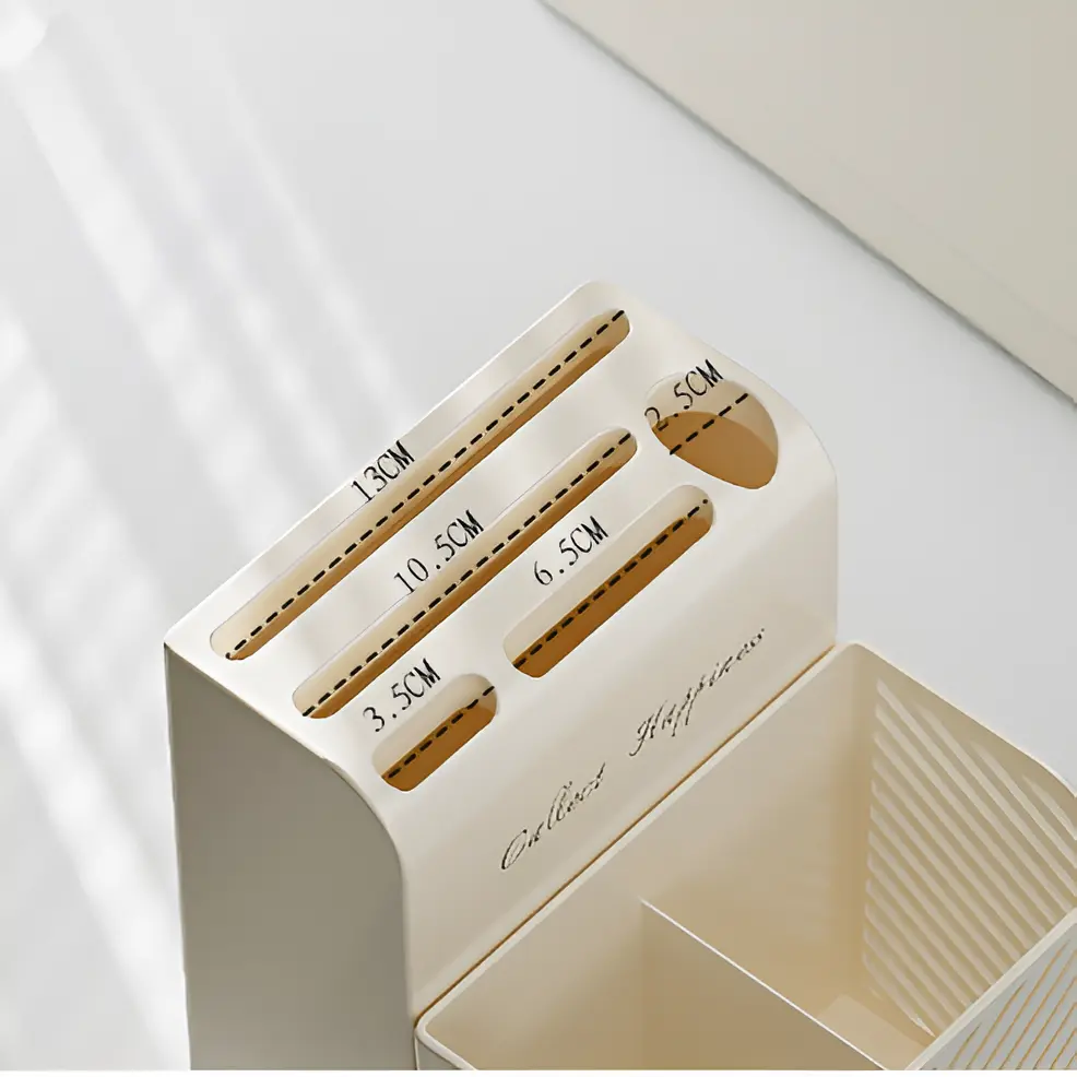 Suport pentru ustensile de bucatarie, tacamuri, compartimente diferite, tavita pentru scurgerea apei, din plastic, Crem, 21 x 16 x 15 cm [6]