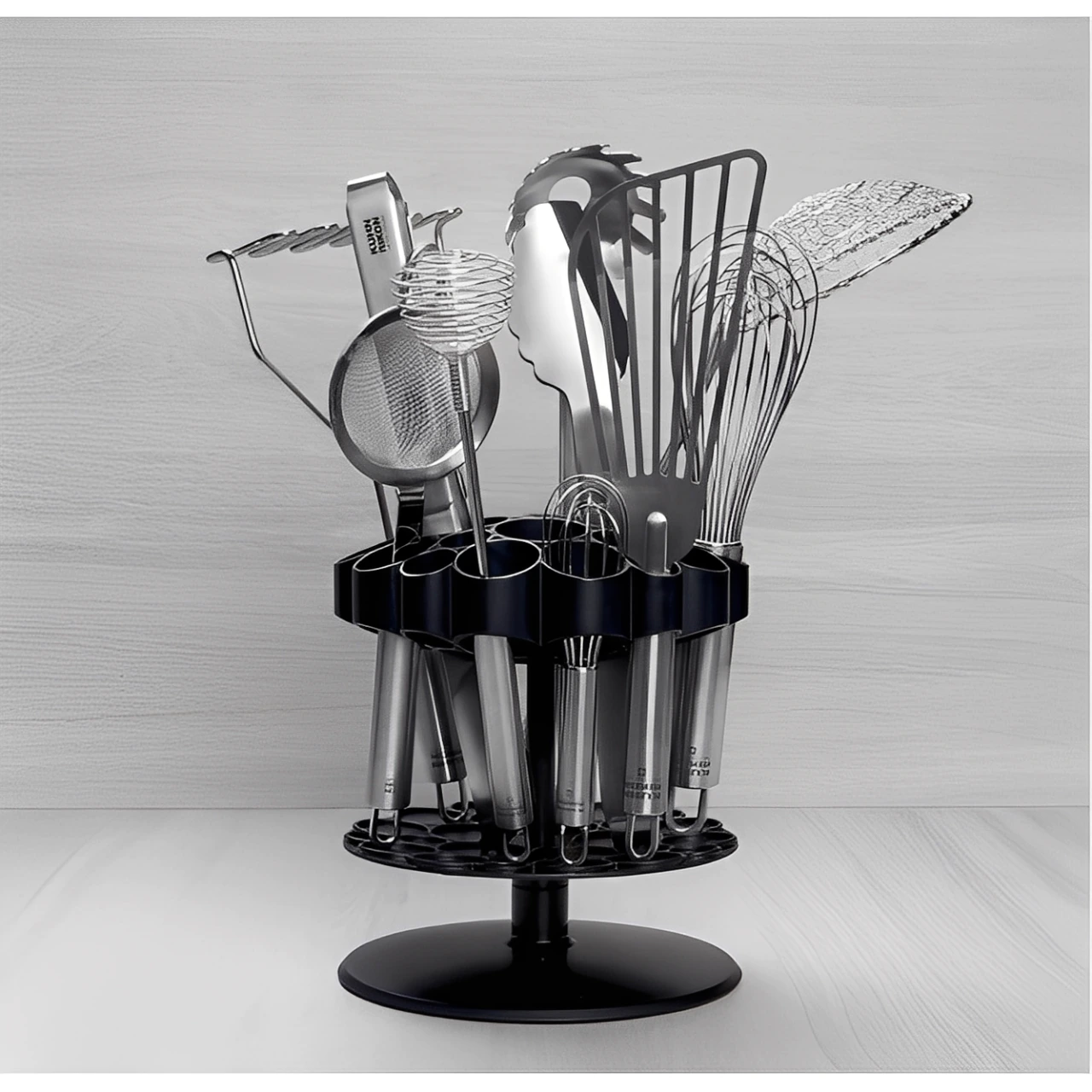 Suport pentru ustensile rotativ, vertical, compartimentat, din plastic, organizator bucatarie, Negru, 21 cm inaltime [4]