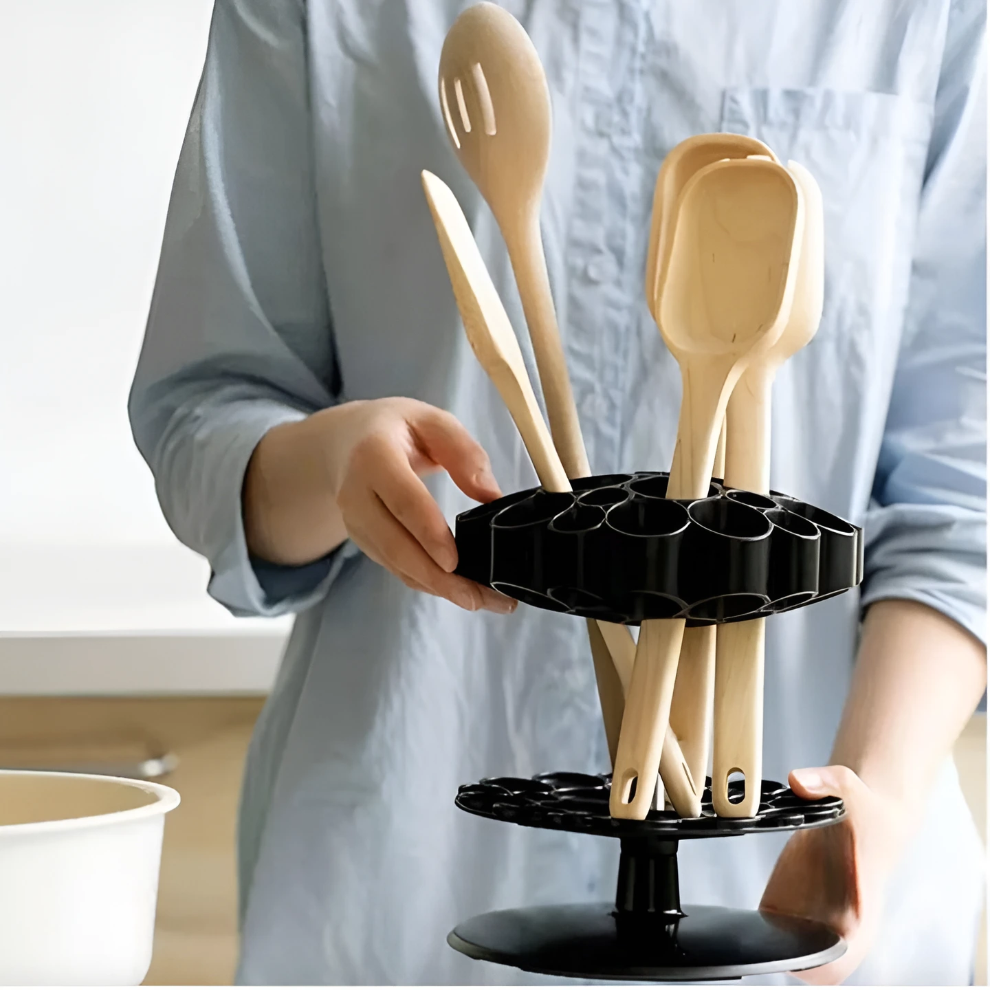 Suport pentru ustensile rotativ, vertical, compartimentat, din plastic, organizator bucatarie, Negru, 21 cm inaltime [5]