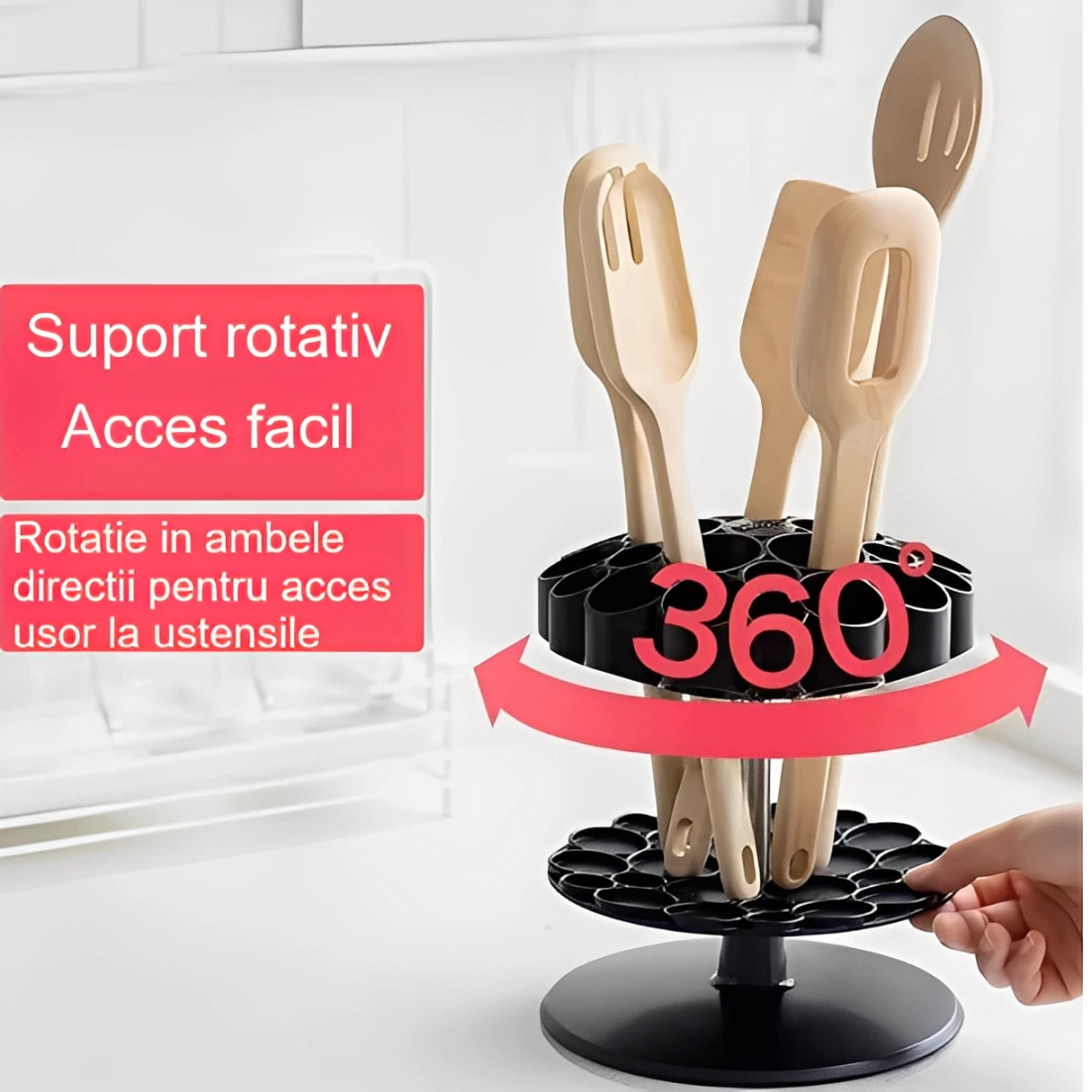 Suport pentru ustensile rotativ, vertical, compartimentat, din plastic, organizator bucatarie, Negru, 21 cm inaltime [6]