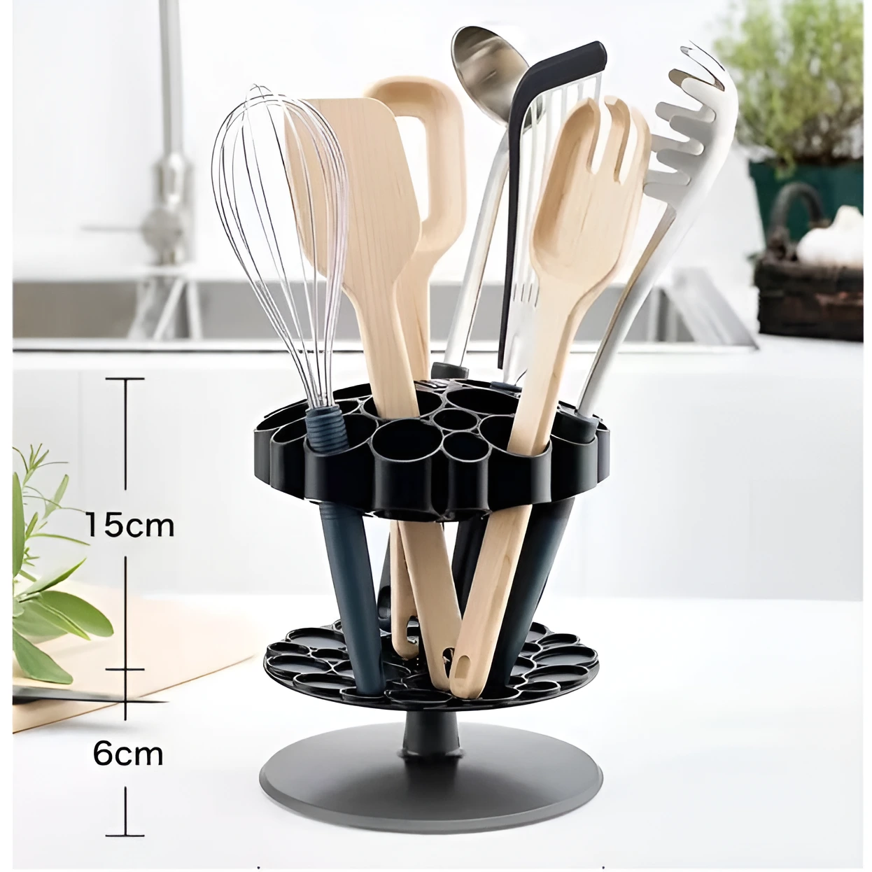 Suport pentru ustensile rotativ, vertical, compartimentat, din plastic, organizator bucatarie, Negru, 21 cm inaltime [3]