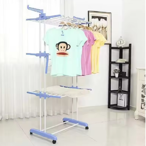 Uscator pentru rufe cu 3 niveluri, si roti, rafturi pliabile, Alb/Albastru, 75 x 76 x 170 cm [2]