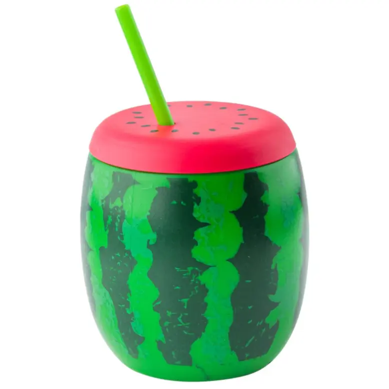 Bucatarie - Pahar in forma de pepene din plastic, cu pai, Rosu / Verde, 1 litru