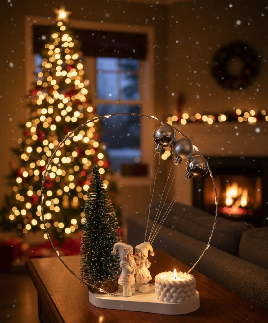 Craciun - Aranjament pentru Craciun cu instalatie LED, HANDMADE, cuplu, brad, lumanare parfumata, cerc cu instalatie, crengute decorative, globuri