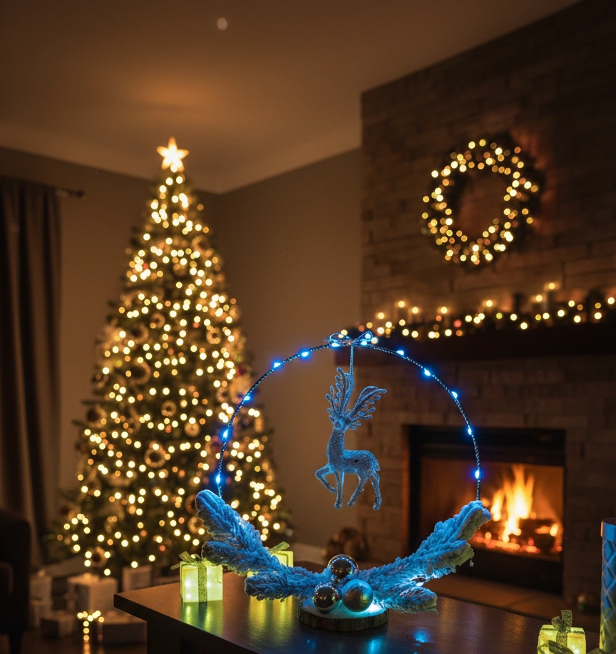 Aranjament pentru Craciun cu instalatie LED, HANDMADE, ren glitter, cerc cu instalatie, crengute decorative, globuri [1]