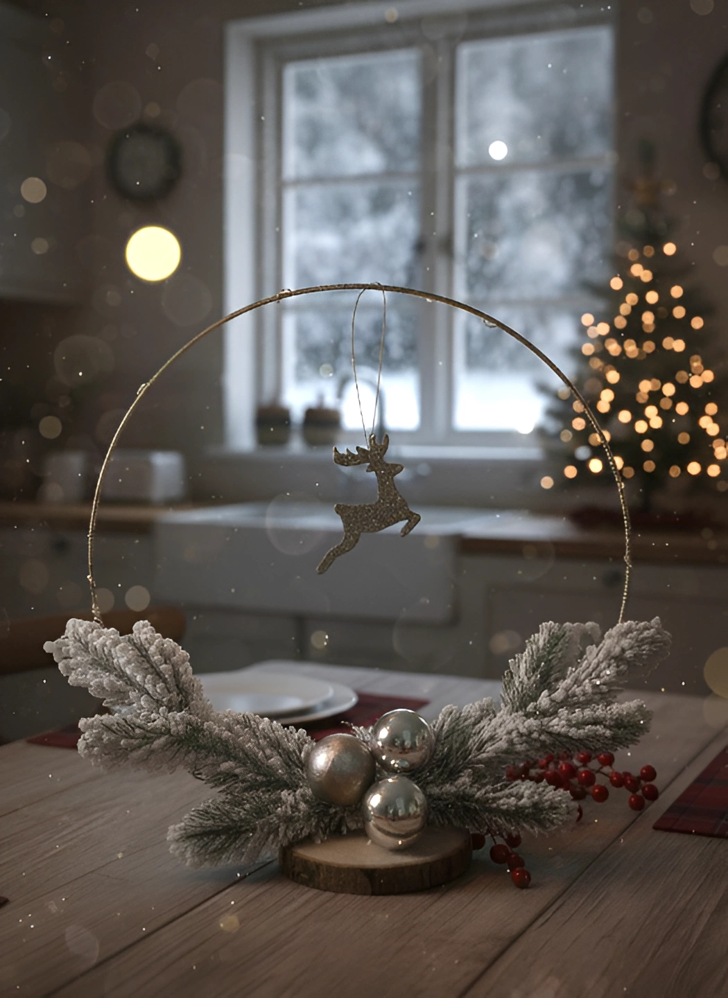 Craciun - Aranjament pentru Craciun, HANDMADE, ren glitter, cerc cu instalatie, crengute decorative, globuri