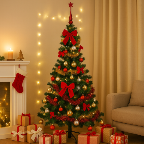 Brad artificial de Craciun, 180 cm, cu suport metalic si accesorii pentru impodobit incluse [1]