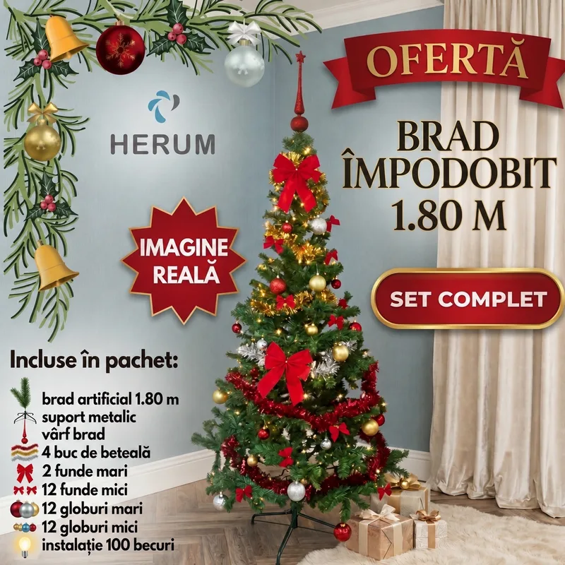 Sezon - Brad artificial de Craciun, 180 cm, cu suport metalic si accesorii pentru impodobit incluse