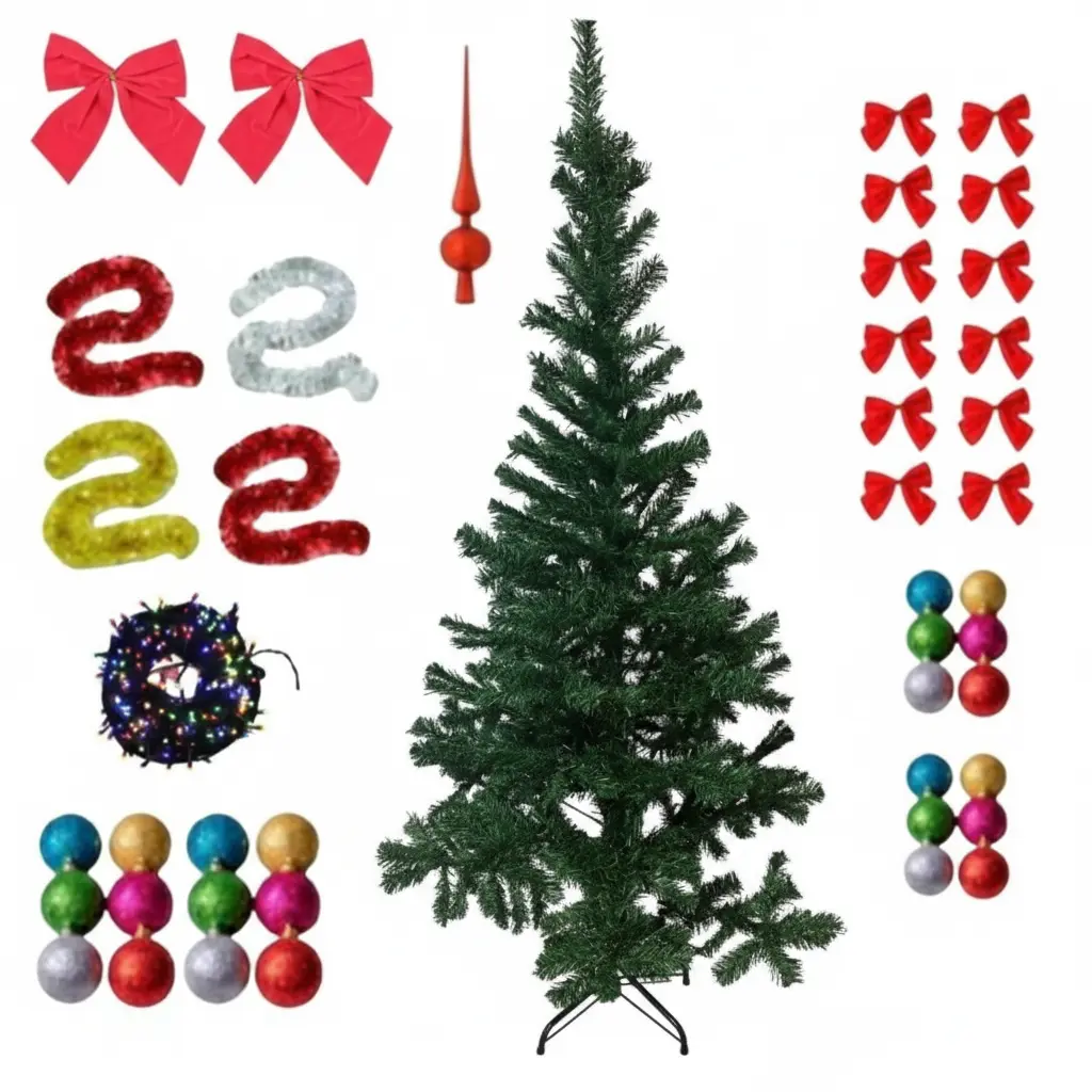 Brad artificial de Craciun, 180 cm, cu suport metalic si accesorii pentru impodobit incluse [0]