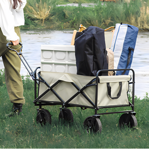Carucior pliabil cu maner ajustabil, cadru metalic, compartiment din panza poliester impermeabila, 2 compartimente pentru sticle, Bej, 72 x 46 x 62-87 cm [0]