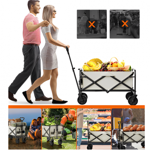 Carucior pliabil cu maner ajustabil, cadru metalic, compartiment din panza poliester impermeabila, 2 compartimente pentru sticle, Bej, 72 x 46 x 62-87 cm [5]