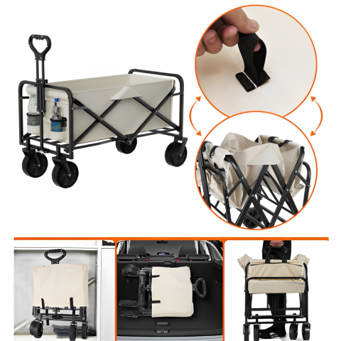 Carucior pliabil cu maner ajustabil, cadru metalic, compartiment din panza poliester impermeabila, 2 compartimente pentru sticle, Bej, 72 x 46 x 62-87 cm [2]