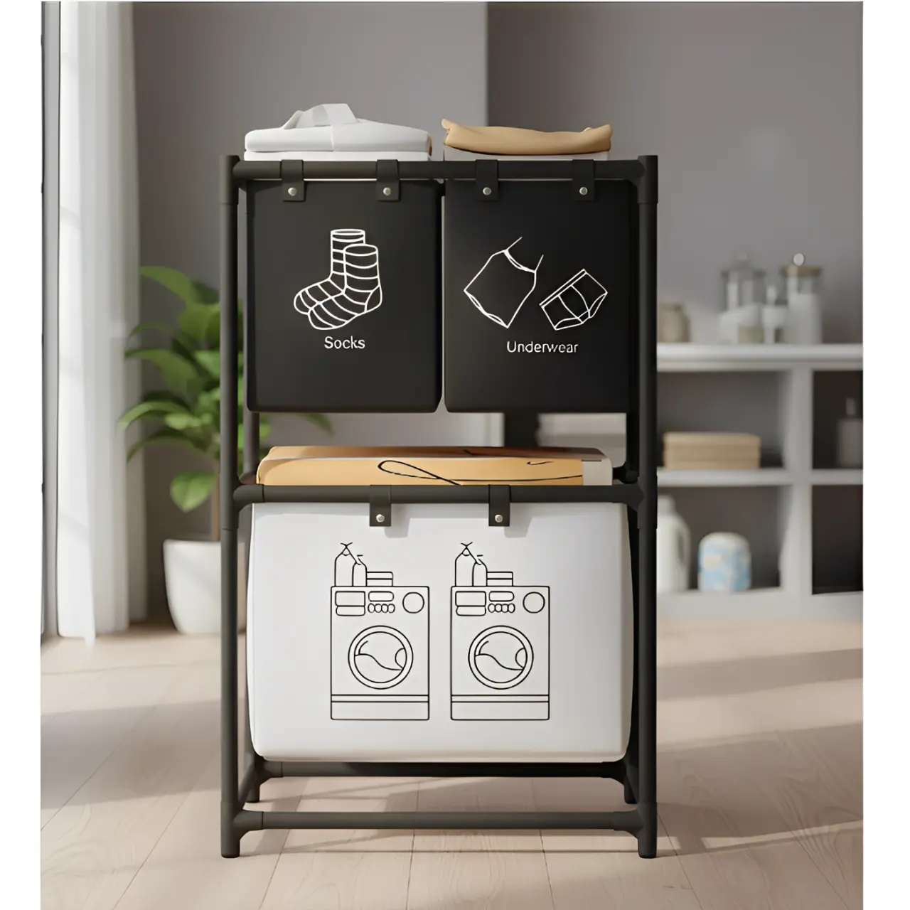 Baie - Cos pentru rufe compartimentat, 3 compartimente, haine, lenjerie intima si sosete, saci detasabili, Alb/Negru, 57 x 28 x 97.5 cm