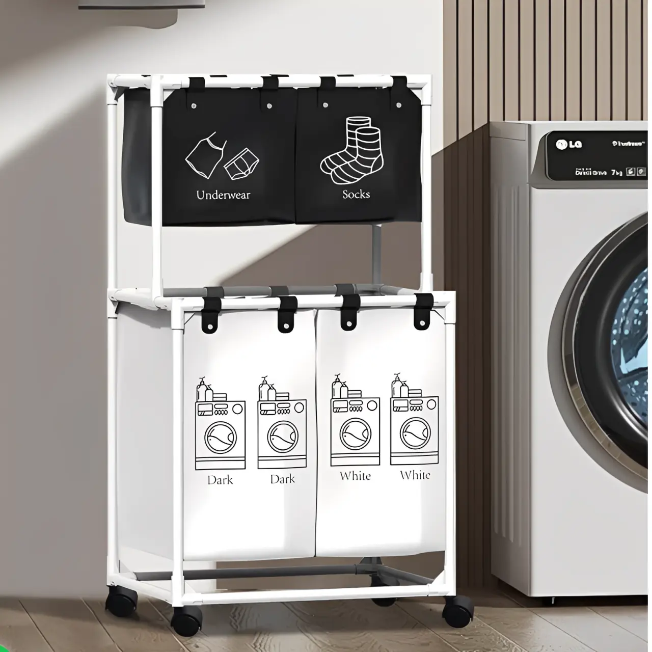 Baie - Cos pentru rufe compartimentat, 4 compartimente, haine albe, haine negre, lenjerie intima si sosete, saci detasabili, cu roti, Alb/Negru, 55 x 39 x 95 cm