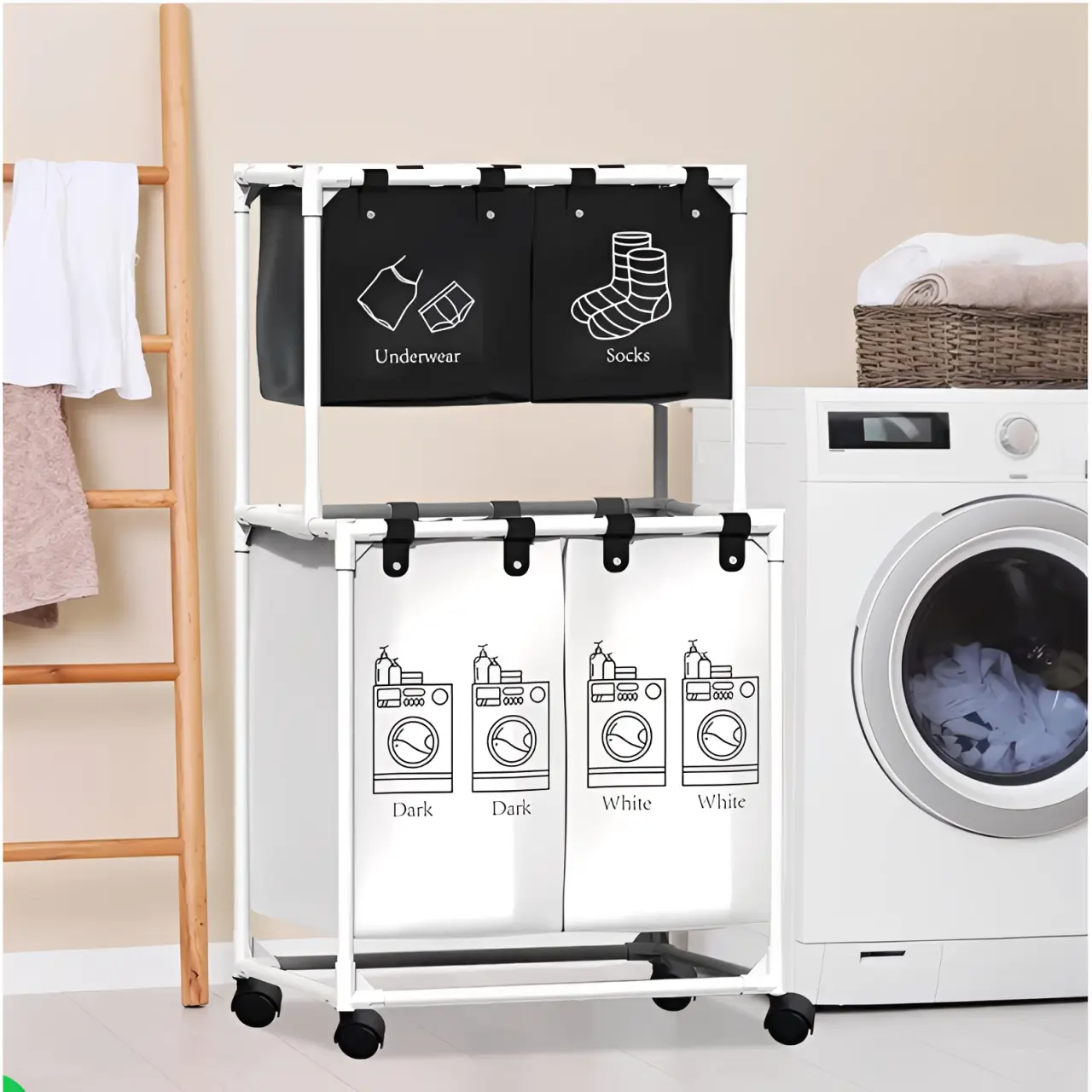 Cos pentru rufe compartimentat, 4 compartimente, haine albe, haine negre, lenjerie intima si sosete, saci detasabili, cu roti, Alb/Negru, 55 x 39 x 95 cm [1]