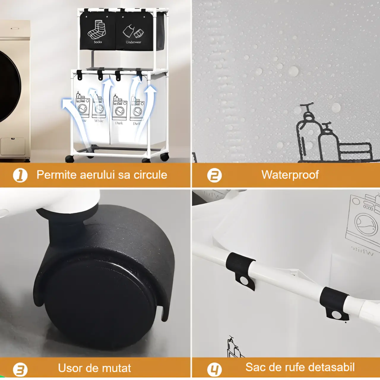 Cos pentru rufe compartimentat, 4 compartimente, haine albe, haine negre, lenjerie intima si sosete, saci detasabili, cu roti, Alb/Negru, 55 x 39 x 95 cm [3]