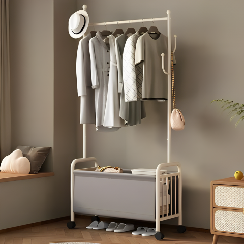 Depozitare si organizare - Cuier cu spatiu pentru umerase, compartiment incaltaminte, cu roti,  Alb, 80 x 37 x 168 cm