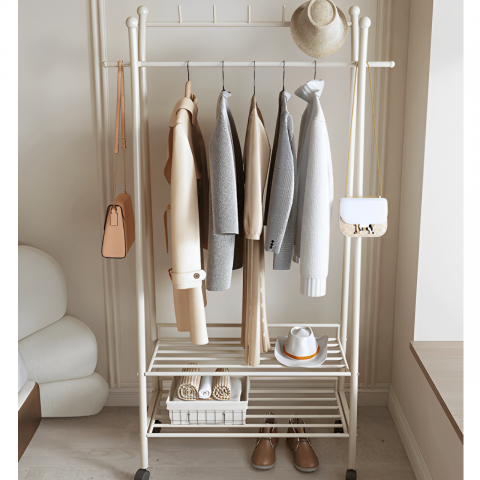 Cuier cu spatiu pentru umerase, palarii, 2 rafturi, din metal, cu roti, Alb, 80 x 35 x 175 cm [2]